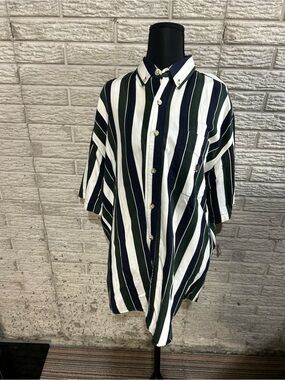 Men's Vertical Stripe Button-Down Shirt - Navy, White & Dark Green 90s Vintage
